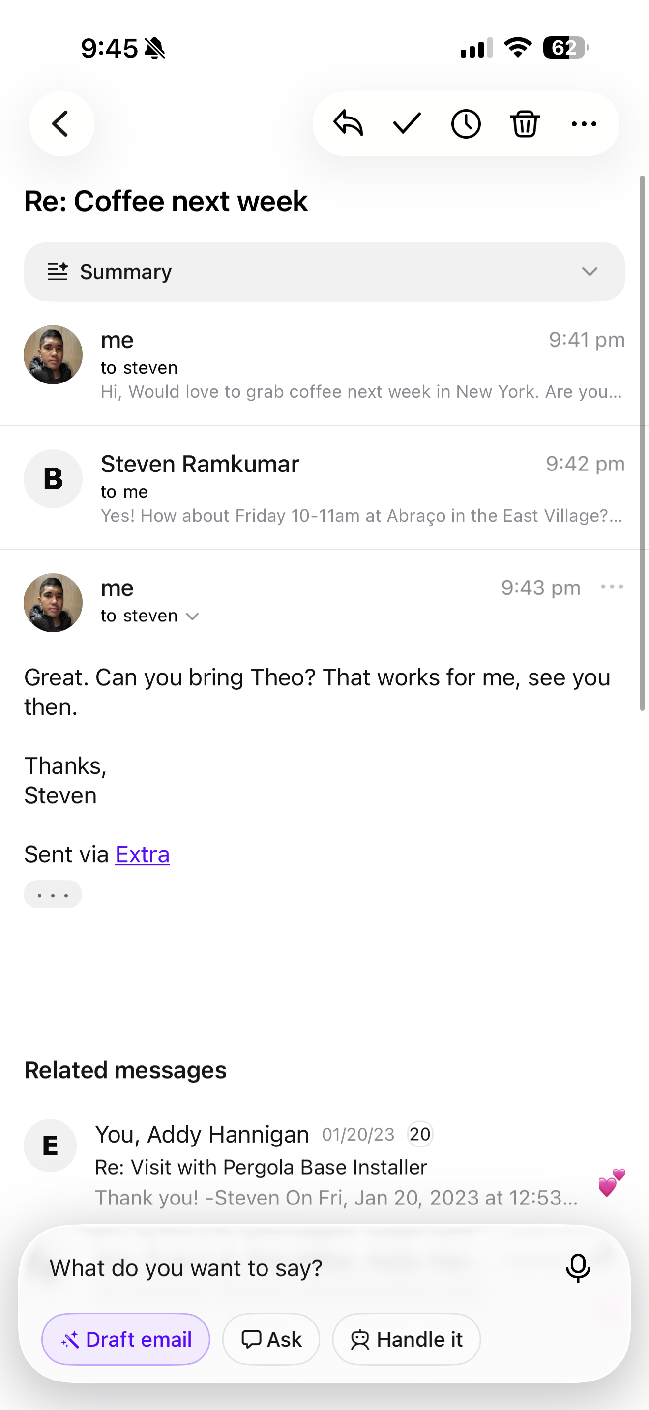 Extra drafting a reply in an email thread with Draft email selected