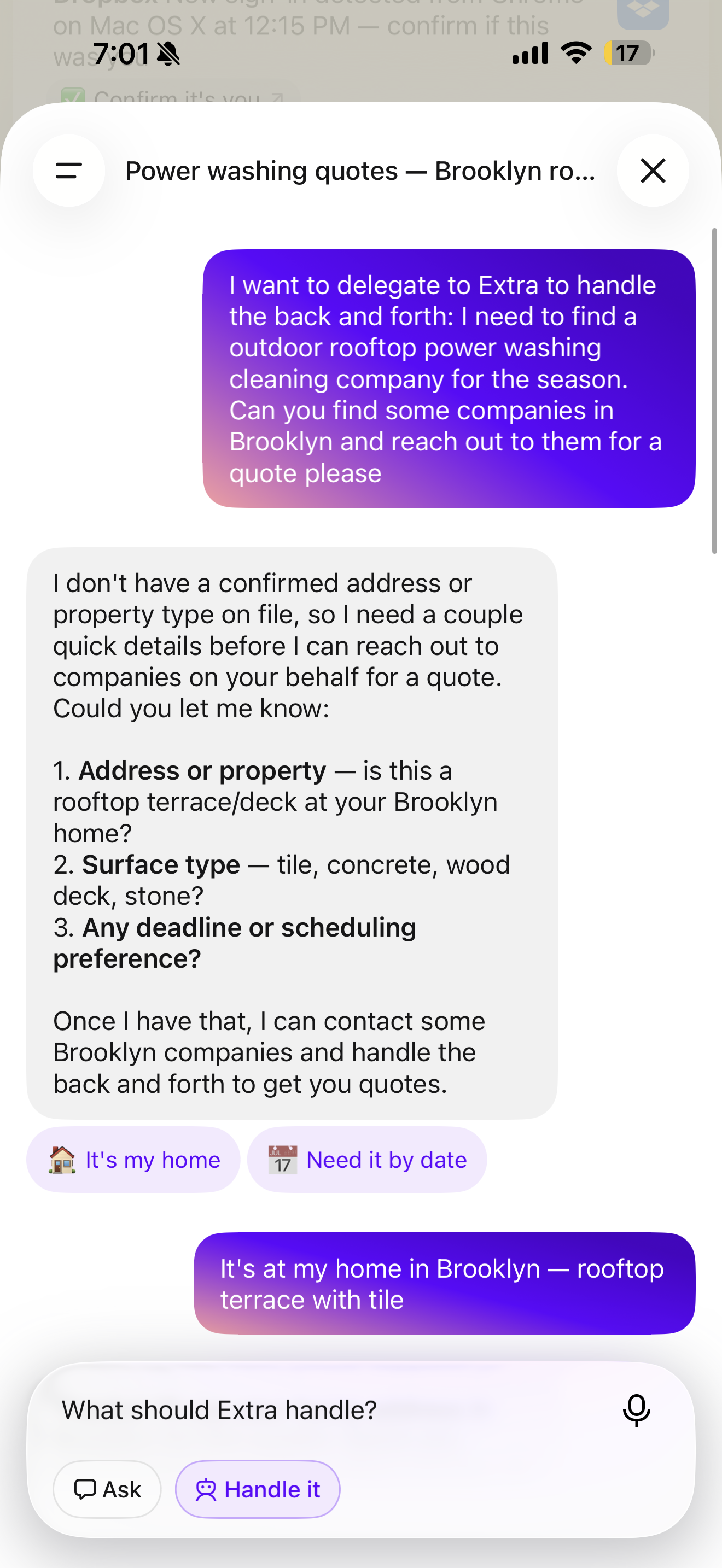 Extra Handle It conversation delegating a power washing quote task