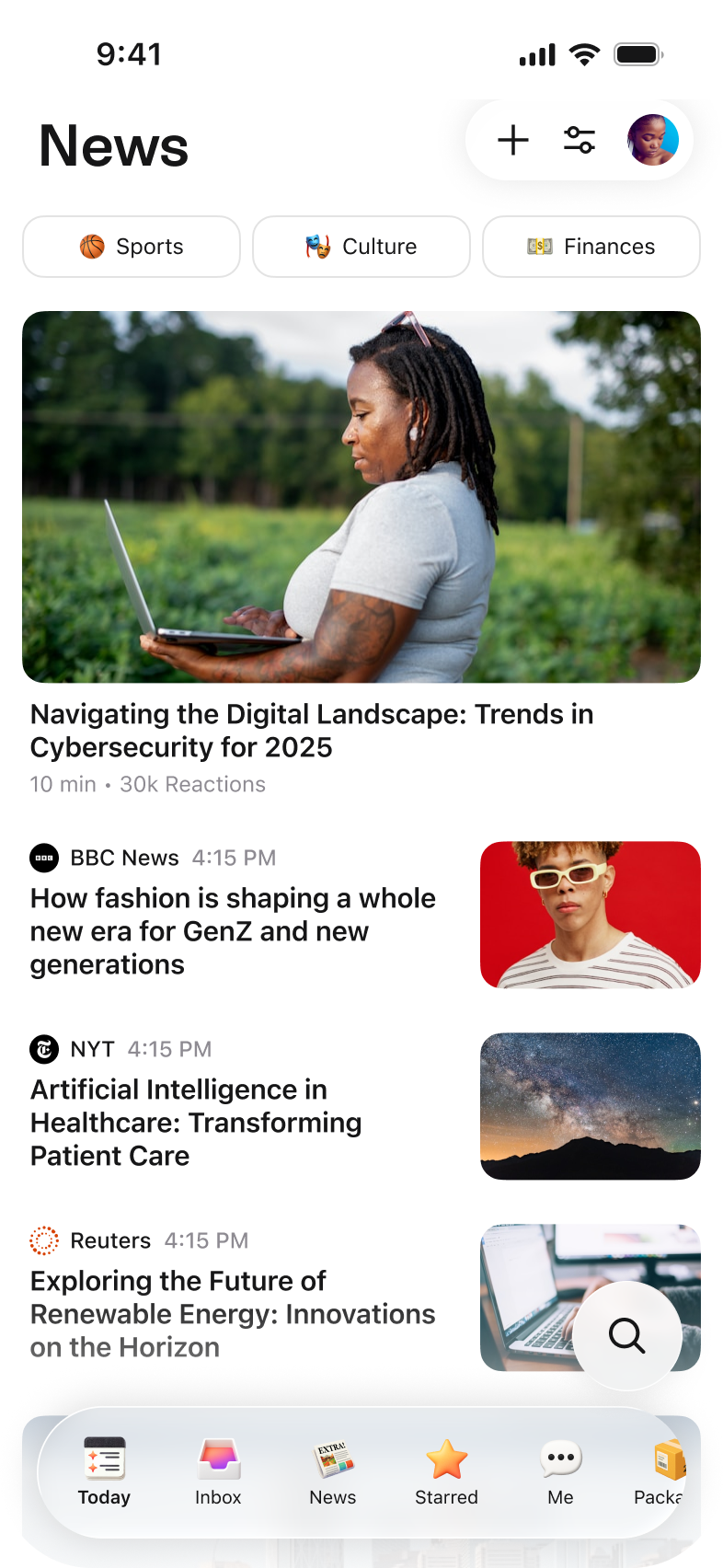 Extra News category feed showing article cards and topic filters