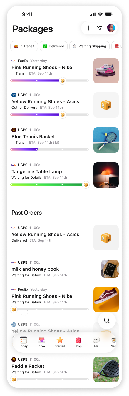 Extra Packages category feed showing shipment status and delivery tracking