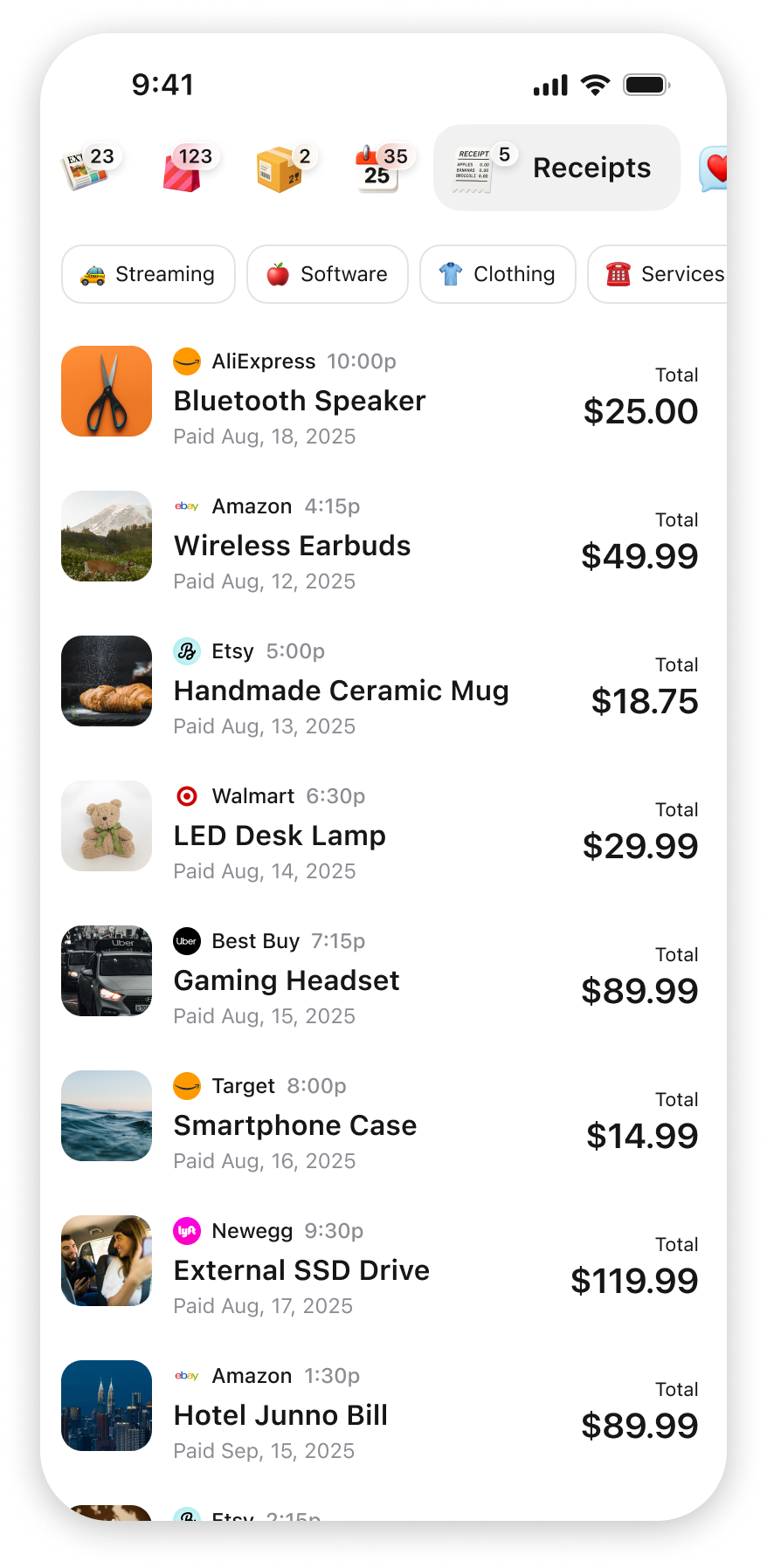 Extra Receipts category feed showing purchases grouped with totals