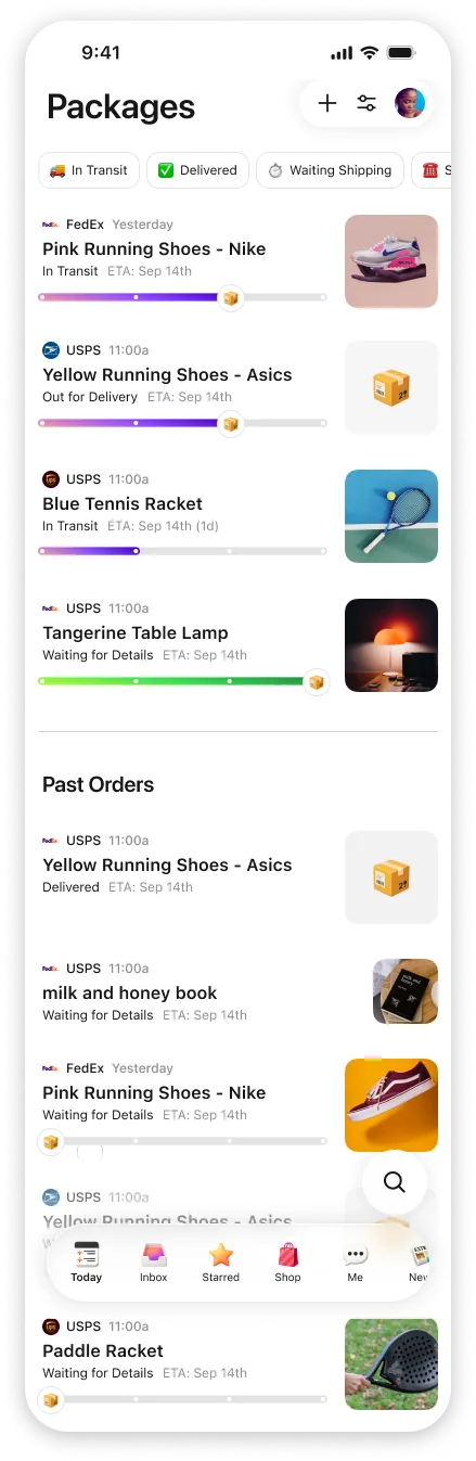 Extra Packages category feed showing shipment status and delivery tracking
