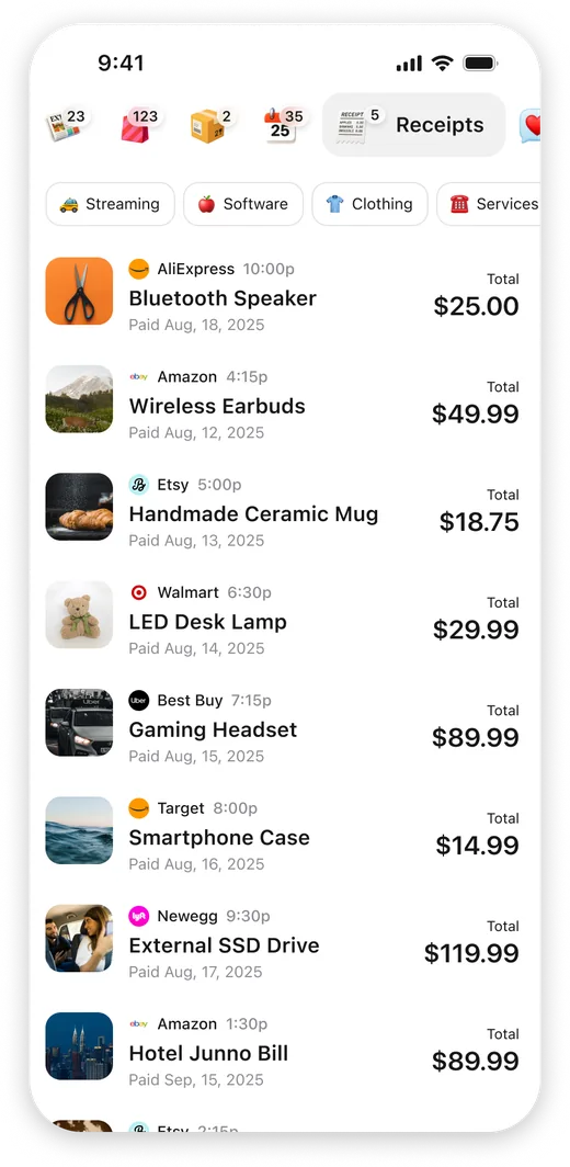 Extra Receipts category feed showing purchases grouped with totals