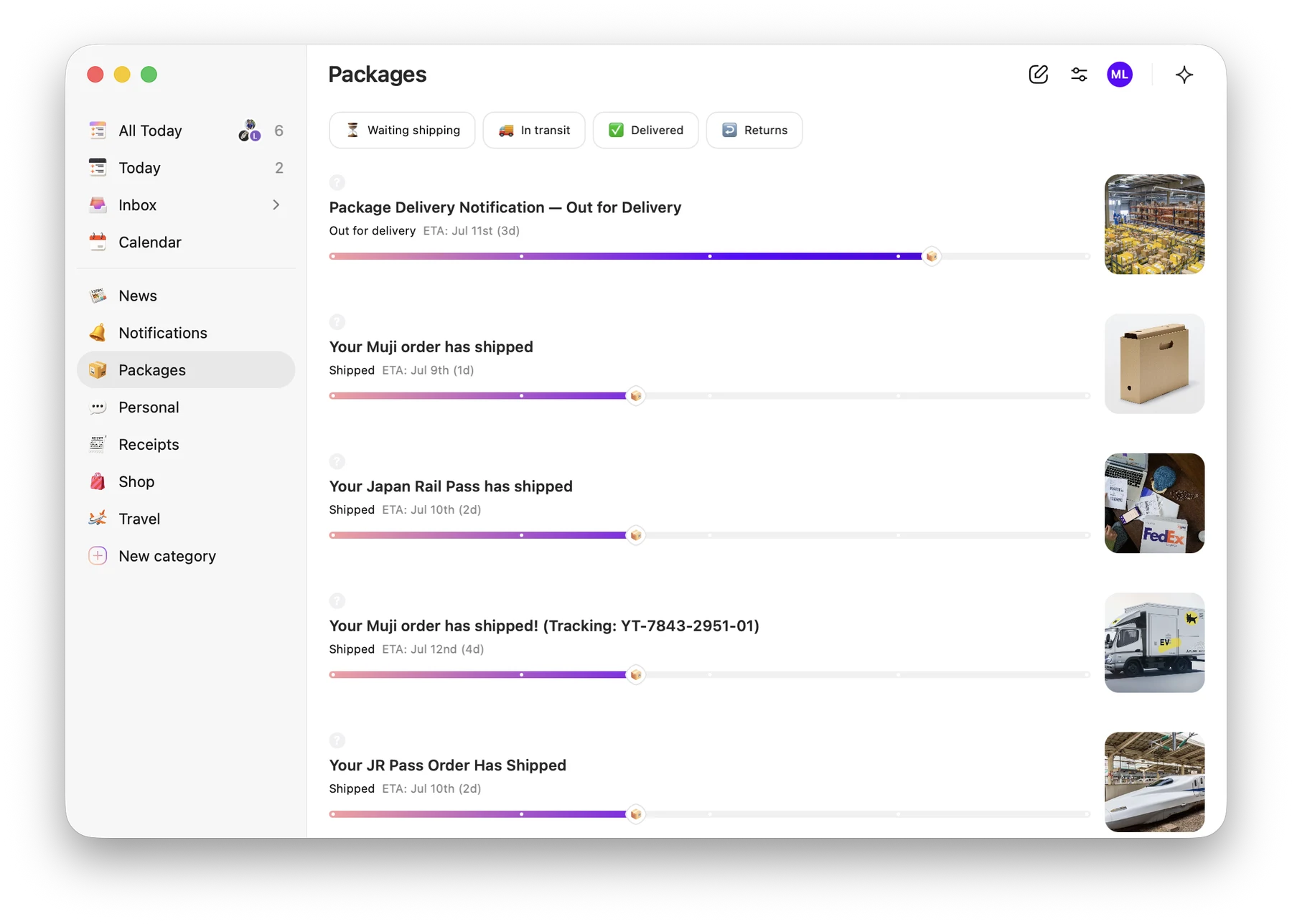 The Packages category in Extra for Mac with live delivery progress bars for each shipment