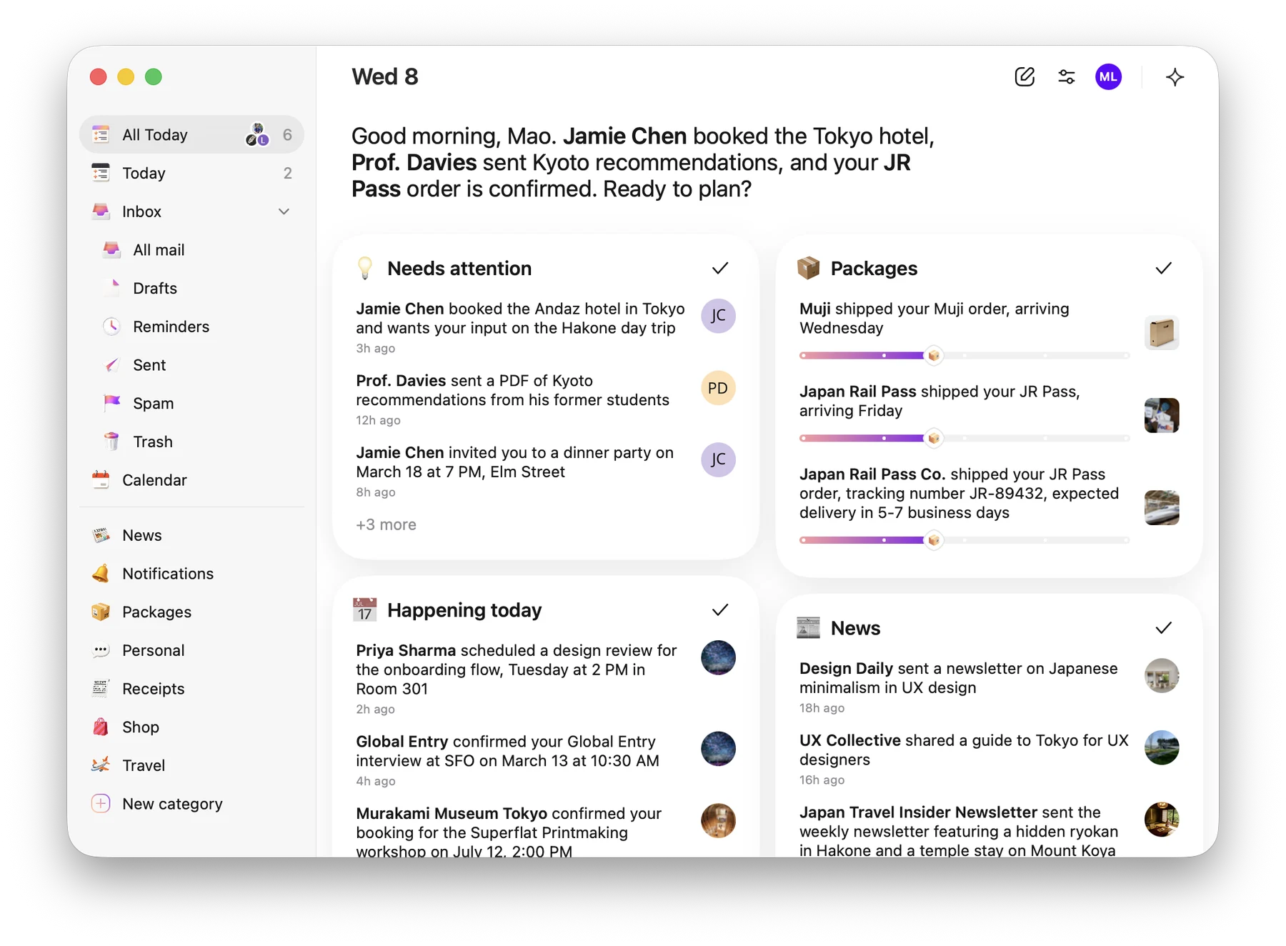 The Today feed in Extra for Mac showing a day summary, needs-attention items, packages, and calendar events
