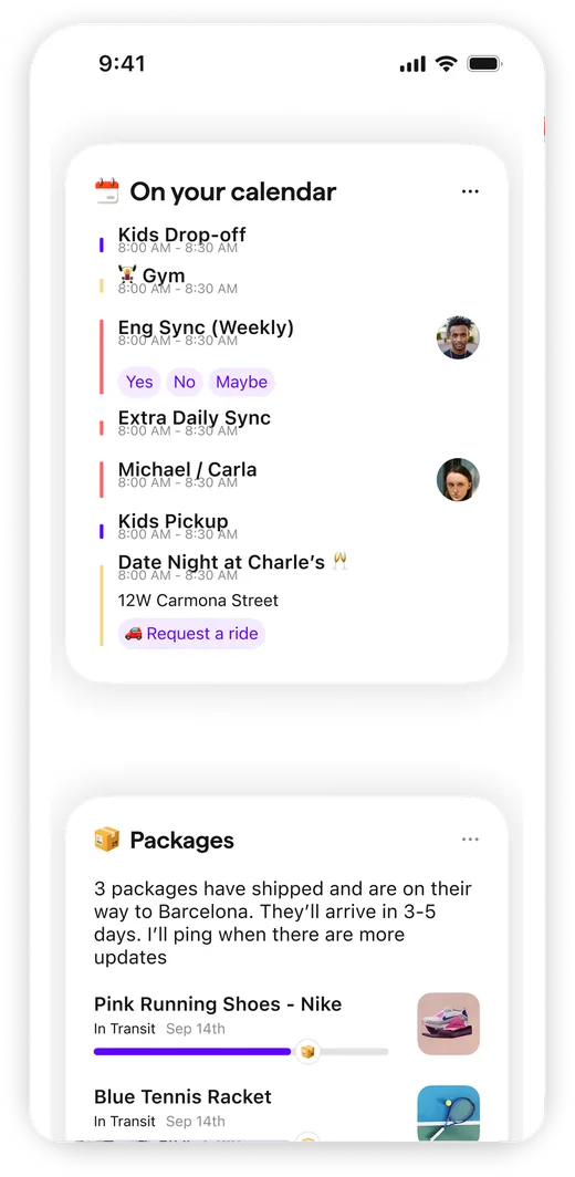 Extra's calendar showing your events and reservations from email