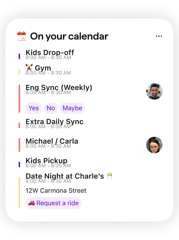 Extra's calendar card showing events, RSVP actions, and a ride request