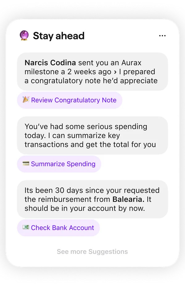 Extra's Stay ahead card suggesting timely actions from personal email
