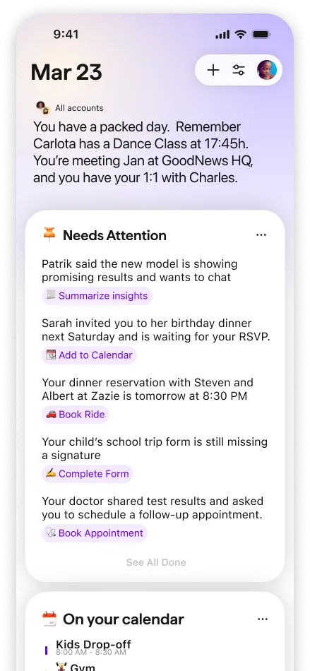 Extra's Today view showing a day summary and needs-attention actions