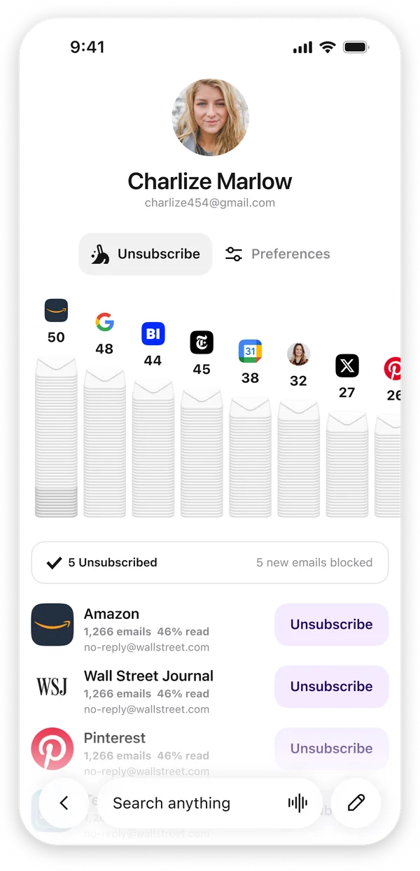 Extra's unsubscribe view showing subscription senders and bulk unsubscribe controls