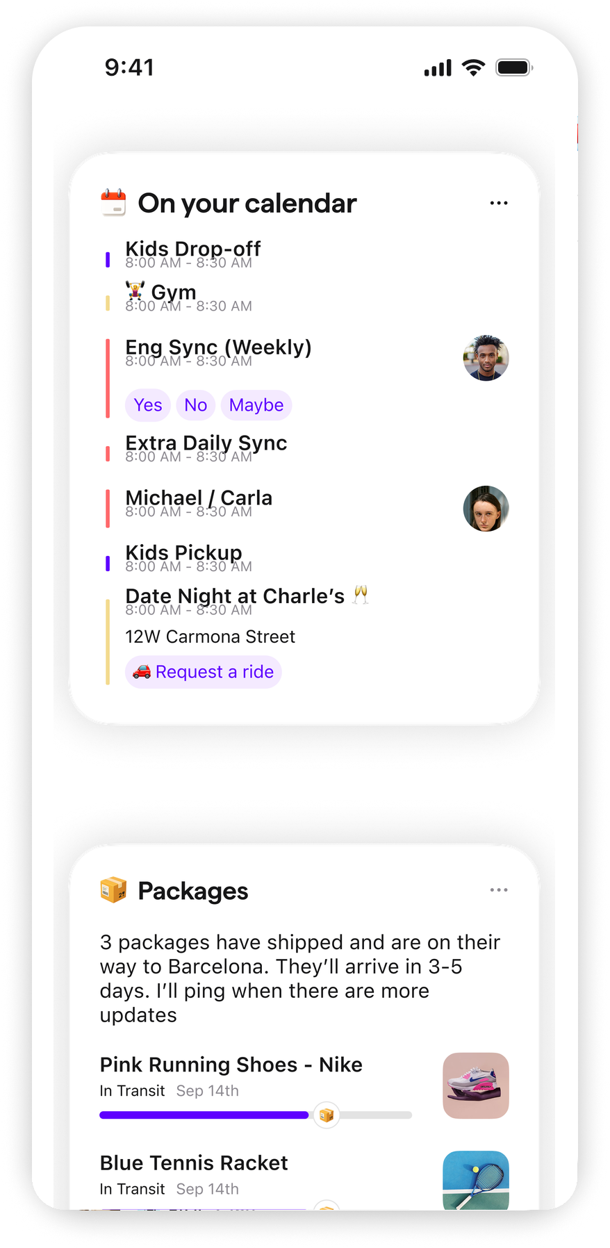 Extra's calendar showing your events and reservations from email