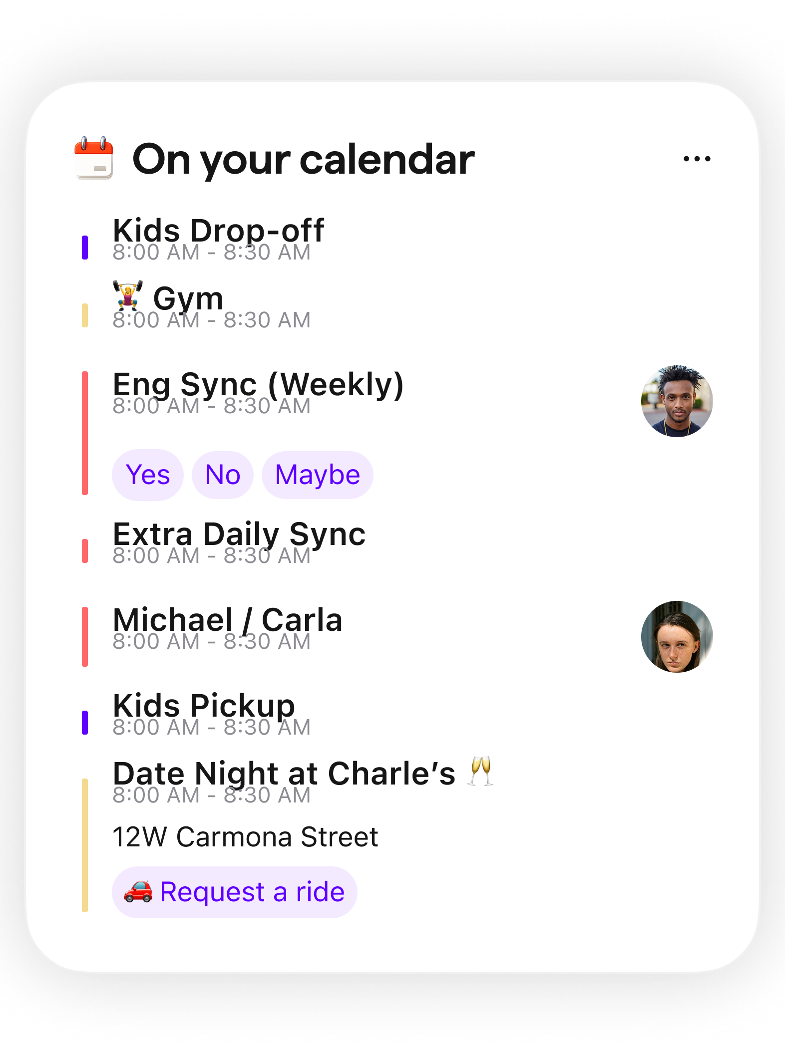 Extra's calendar card showing events, RSVP actions, and a ride request
