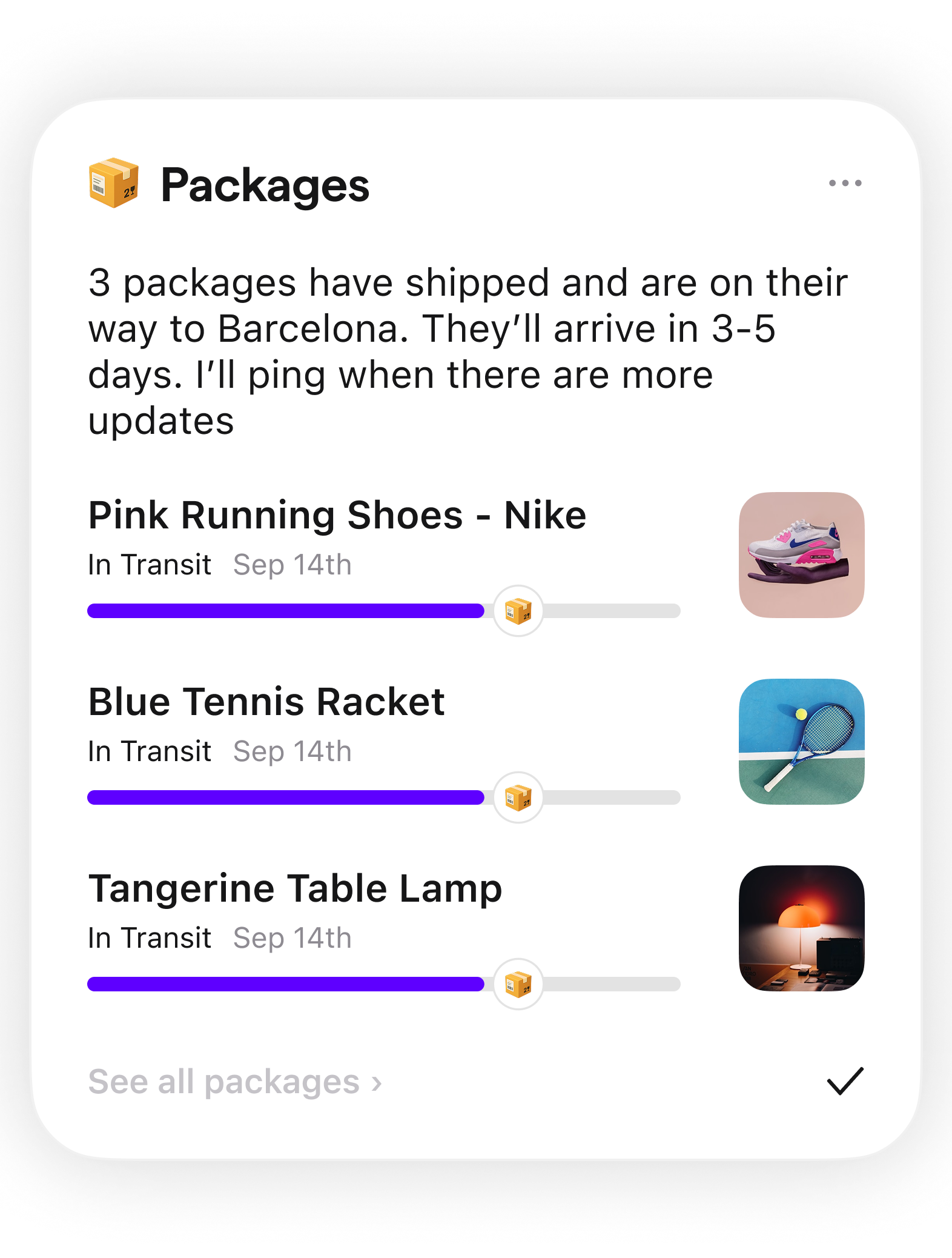 Extra's packages card summarizing shipped deliveries and tracking progress