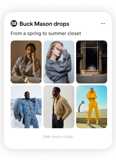 Extra's shopping card showing a Buck Mason drop with product images