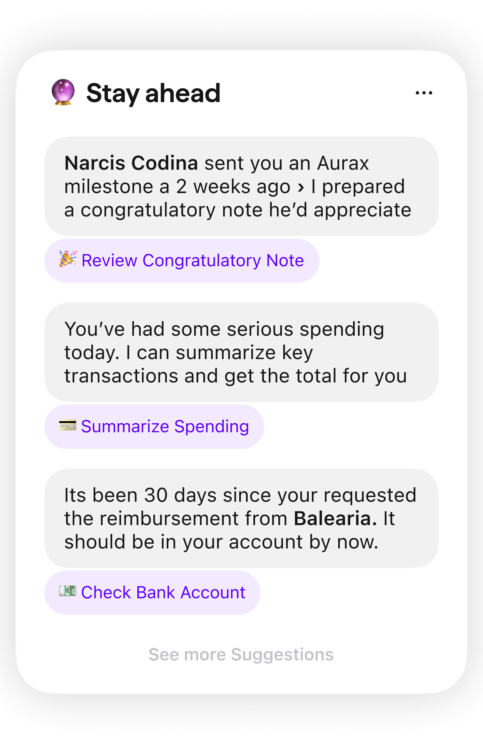 Extra's Stay ahead card suggesting timely actions from personal email