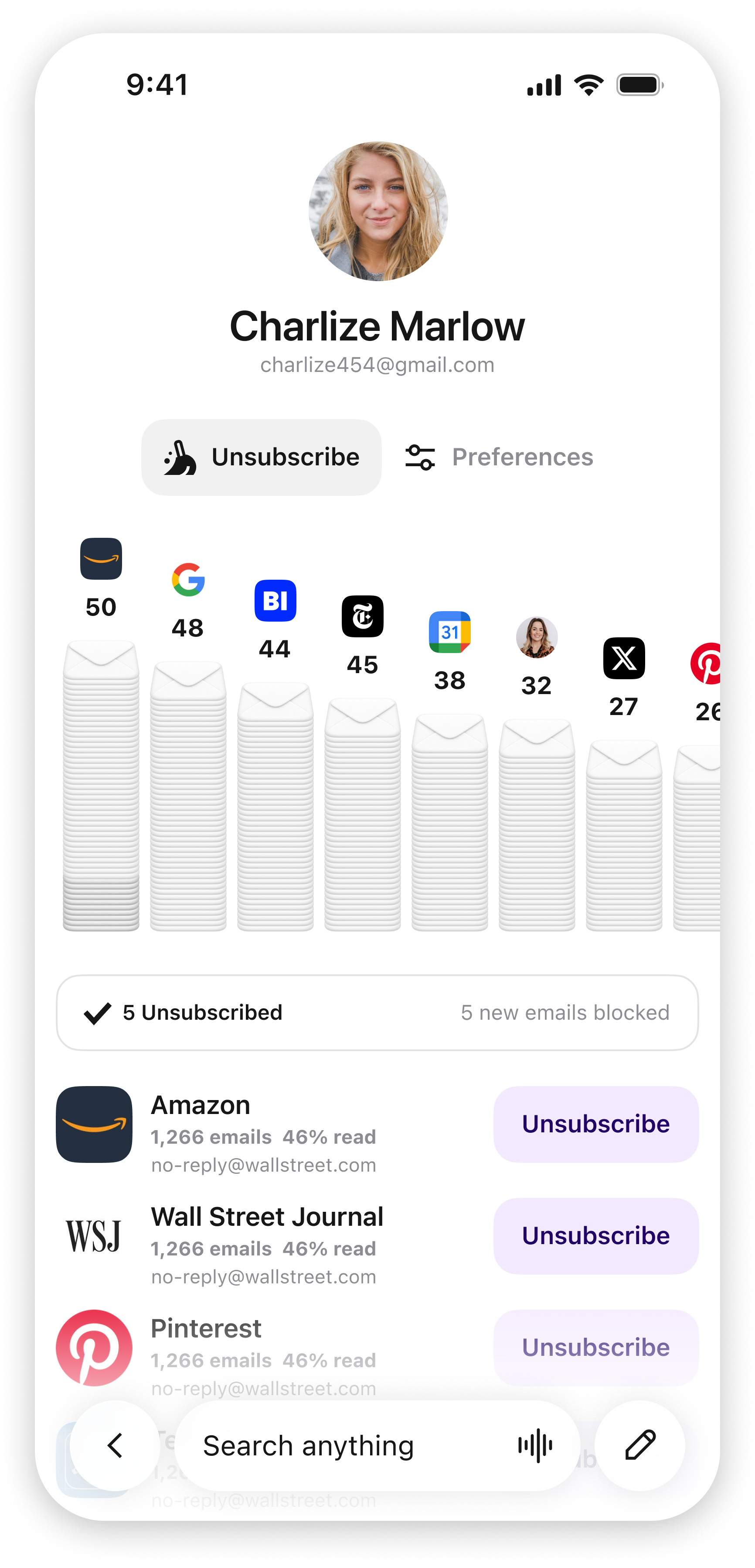 Extra's unsubscribe view showing subscription senders and bulk unsubscribe controls